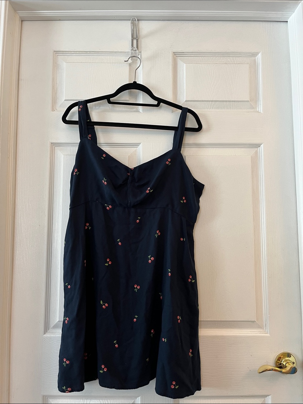 Navy Cherry-Patterned Knee Length Sundress with Pockets